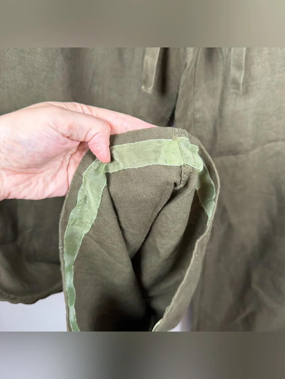Cabi Olive Green 100% Linen Wide Leg Whipstitch 882 Trouser Pants Lagenlook Sz 8